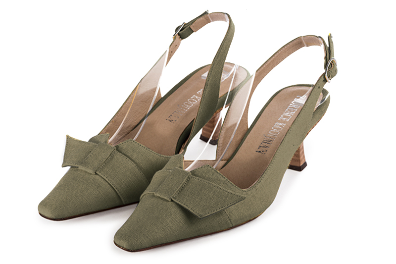 Khaki green women's open back shoes, with a knot. Tapered toe. Medium spool heels. Front view - Florence KOOIJMAN